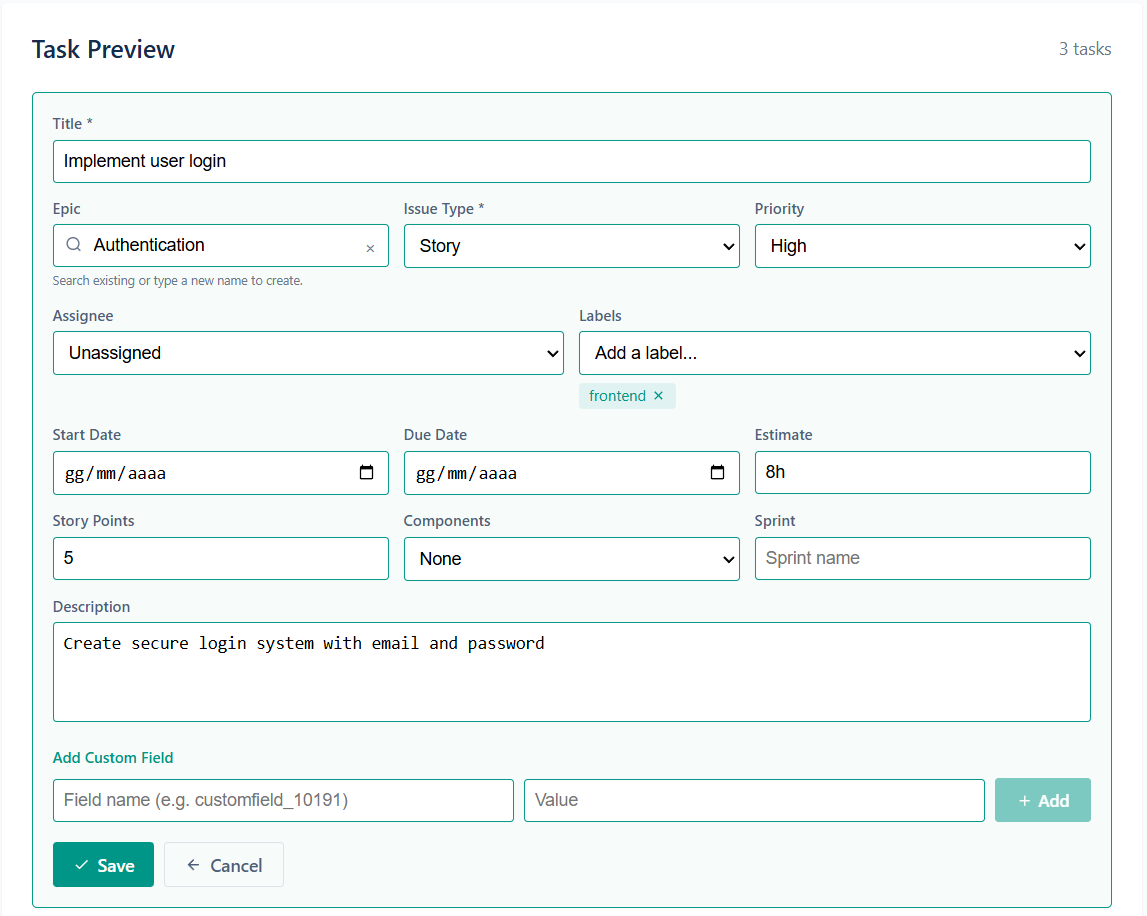 Preview and edit before importing - Edit form